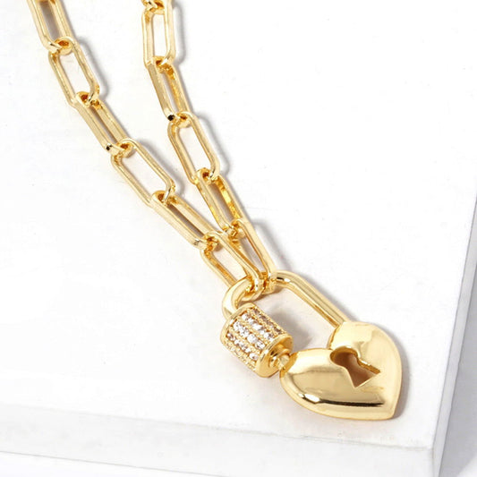 Gold Dipped CZ Heart Lock Pendant Paperclip Chain Necklace - M H W ACCESSORIES LLC