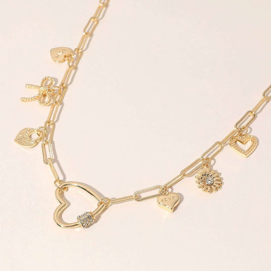 Gold Dipped CZ Heart Metal Bow Flower Heart Lock Charm Station Paperclip Chain Necklace - M H W ACCESSORIES LLC