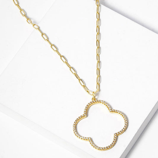 Gold Dipped CZ Stone Paved Open Quatrefoil Pendant Necklace - M H W ACCESSORIES LLC