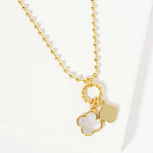 Gold Dipped Double Quatrefoil Pendant Bubble Chain Necklace - M H W ACCESSORIES LLC