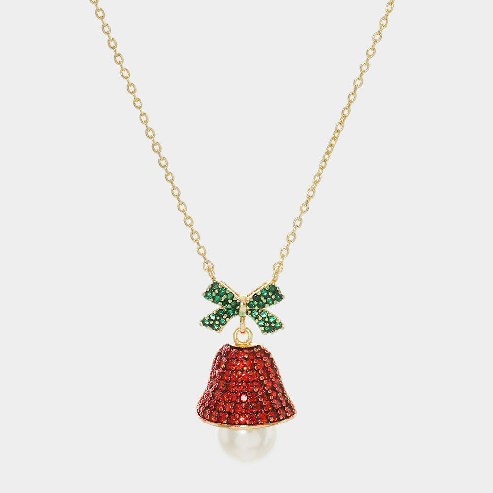 Gold Dipped Pearl CZ Jingle Bell Pendant Necklace - M H W ACCESSORIES LLC