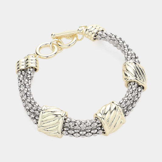 Gold Dipped Silver Two Tone Textured Metal Toggle Bracelet for Women - M H W ACCESSORIES LLC