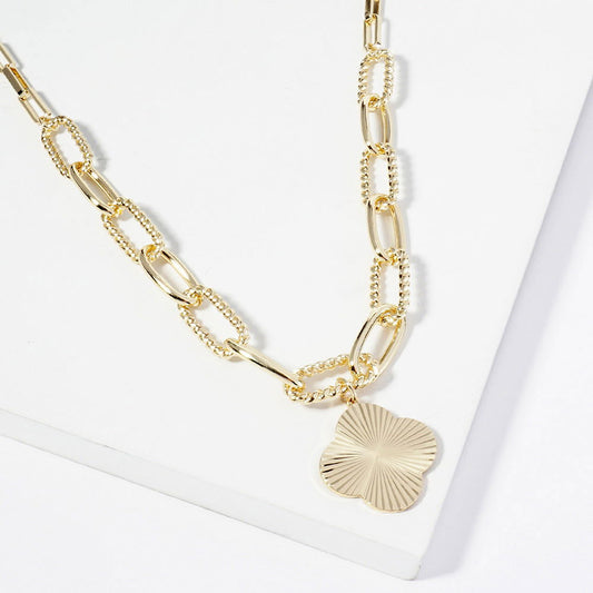Gold Dipped Textured Metal Quatrefoil Pendant Chunky Chain Necklace - M H W ACCESSORIES LLC