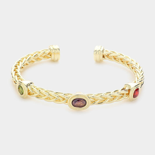 Gold Geometric CZ Stone Embellished Cuff Bracelet for Women - M H W ACCESSORIES LLC