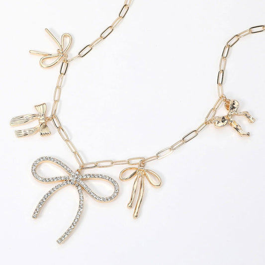 Gold Paved Bow Metal Bow Charm Station Paperclip Chain Necklace - M H W ACCESSORIES LLC