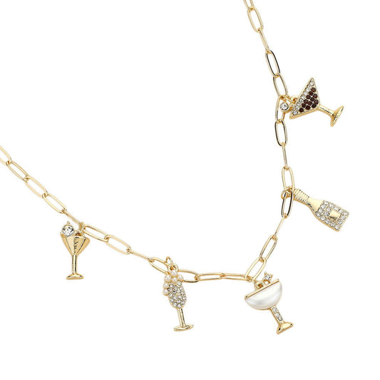 Gold Paved Cocktail Glass Bottle Charm Station Paperclip Chain Necklace - M H W ACCESSORIES LLC