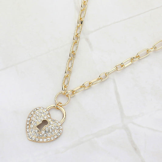 Gold Paved Heart Lock Pendant Necklace - M H W ACCESSORIES LLC