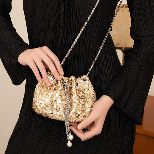 Gold Pearl Tip Chain Mini Sequin Crossbody Bag - M H W ACCESSORIES LLC