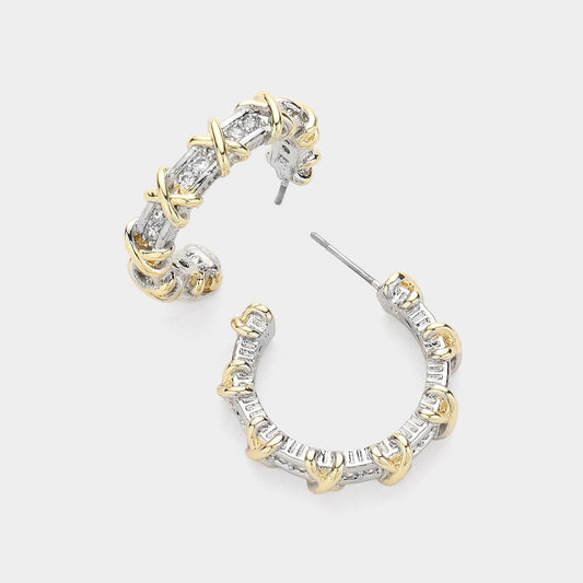 Gold Plated CZ Crisscross Hoop Earrings-M H W ACCESSORIES - M H W ACCESSORIES LLC