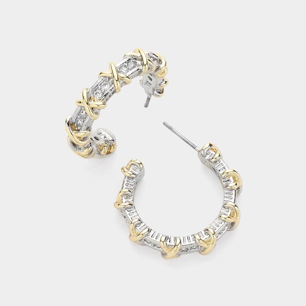 Gold Plated CZ Crisscross Hoop Earrings-M H W ACCESSORIES - M H W ACCESSORIES LLC