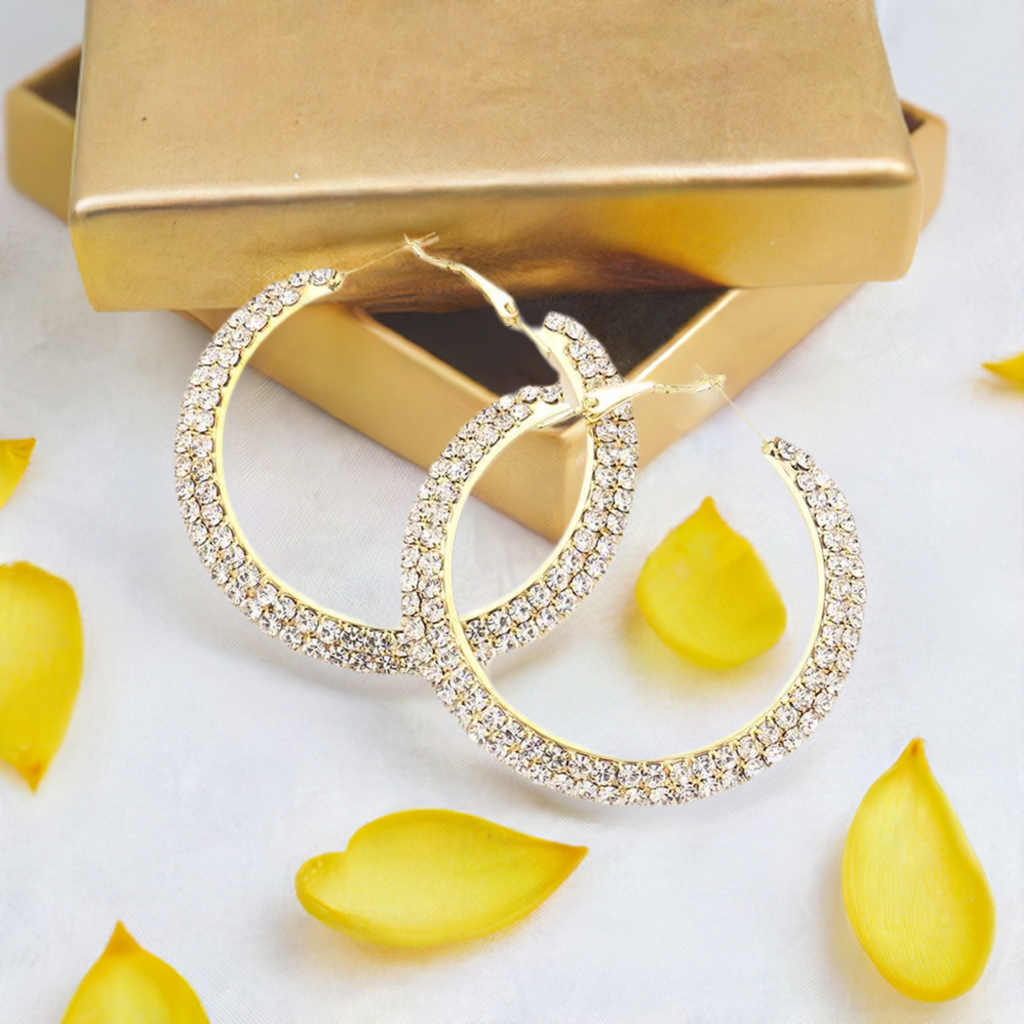 Gold Rhinestone 2-inch Flat Hoop Earrings for Women - M H W ACCESSORIES LLC