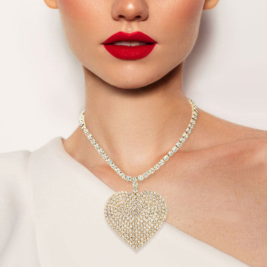 Gold Rhinestone Heart Pendant Necklace - M H W ACCESSORIES LLC