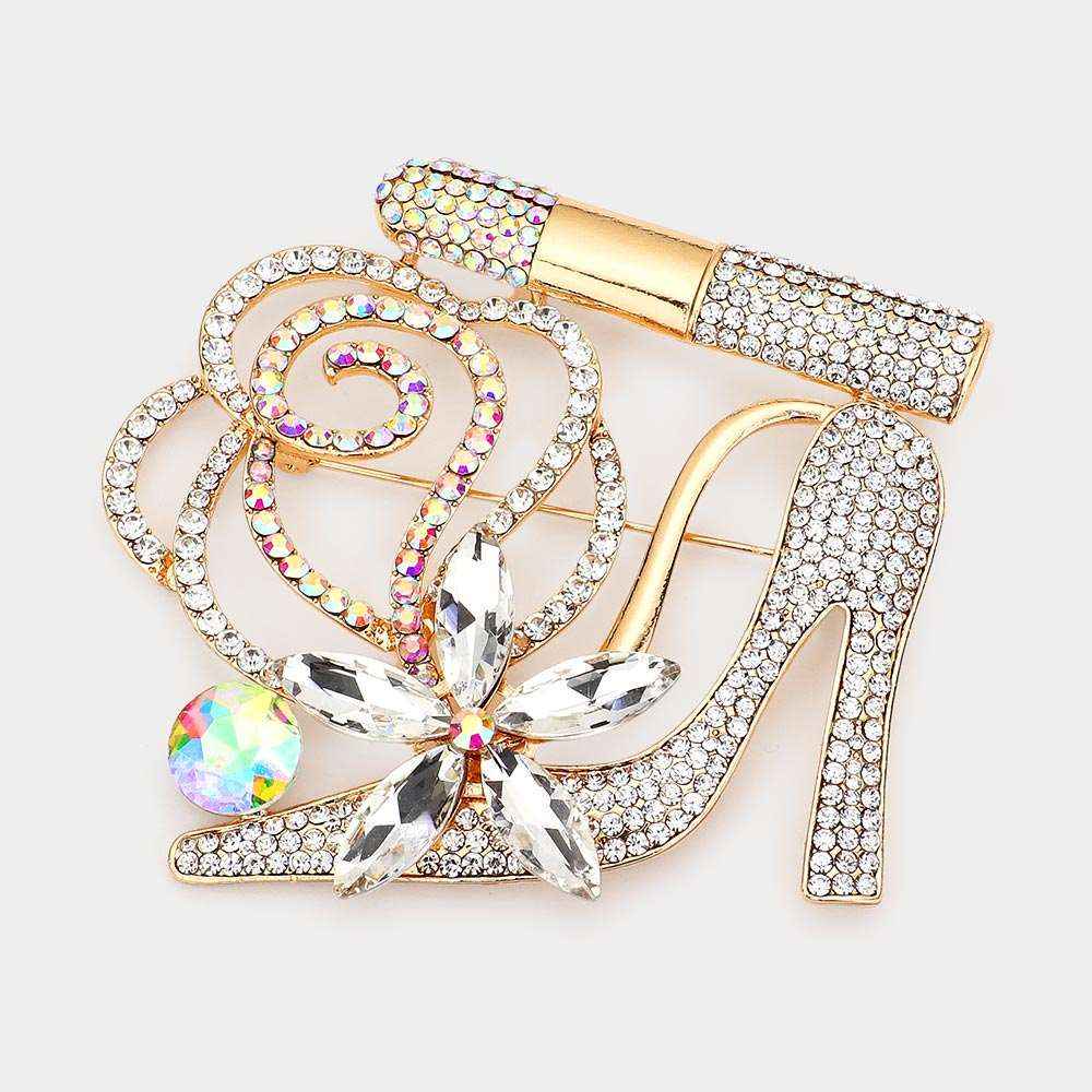 Gold Rhinestone High Heel Flower Lipstick Brooch-M H W ACCESSORIES