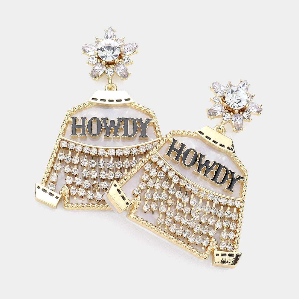 Gold & White HOWDY Rhinestone Embellished Western Jacket Dangle Earring - M H W ACCESSORIES LLC