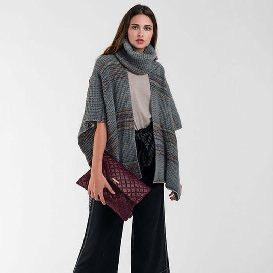 Gray Marled Striped Ruana Poncho - M H W ACCESSORIES LLC