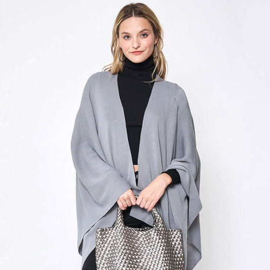 Gray Shoulder Strap Solid Ruana Poncho - M H W ACCESSORIES LLC