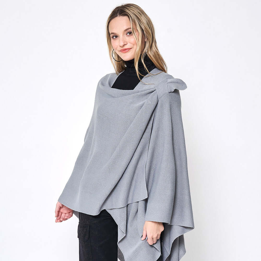 Gray Shoulder Strap Solid Ruana Poncho - M H W ACCESSORIES LLC