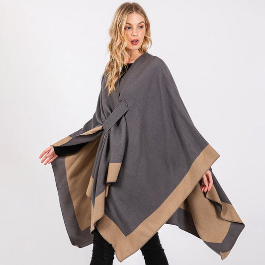 Gray Two Tone Pull Through Shawl Ruana Poncho - M H W ACCESSORIES LLC