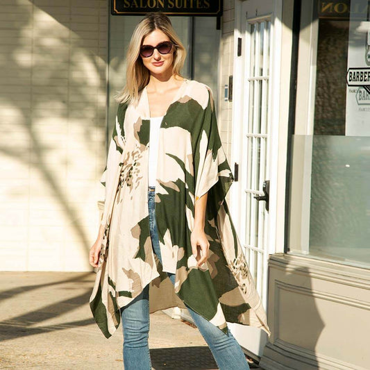 Green Camouflage Patterned Cover Up Kimono Poncho - M H W ACCESSORIES LLC