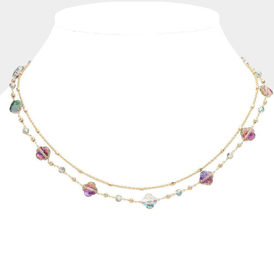 Green Faceted Quatrefoil Beaded Station Layered Chain Necklace - M H W ACCESSORIES LLC