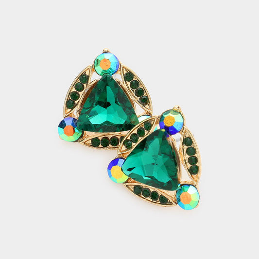Green Rhinestone Trim Stud Earrings-M H W ACCESSORIES - M H W ACCESSORIES LLC