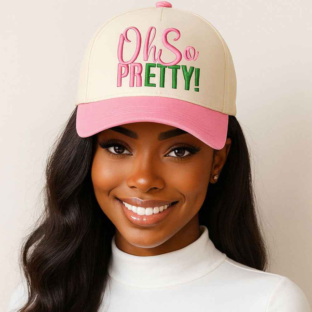 Pink & Green OH SO PRETTY Message Embroidered Five Panel Canvas Snapback Baseball Cap