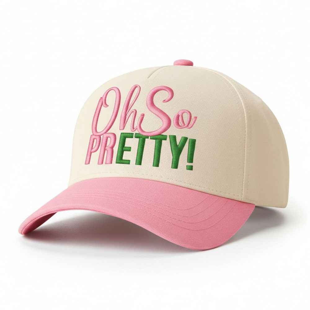 Pink & Green OH SO PRETTY Message Embroidered Five Panel Canvas Snapback Baseball Cap