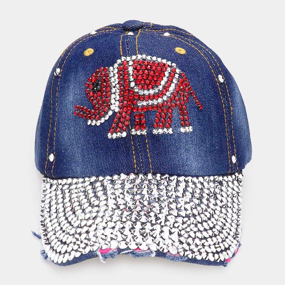 Bling Glass Crystal Stone Accented Elephant Baseball Cap M H W ACCESSORIES LLC Bling Glass Crystal Stone Accented Elephant Baseball Cap