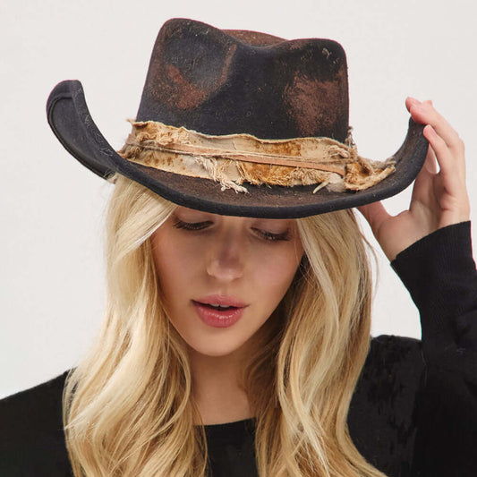 Vintage Feather Accent Distressed Fabric Bow Band Western Black Rustic Cowgirl Fedora Hat