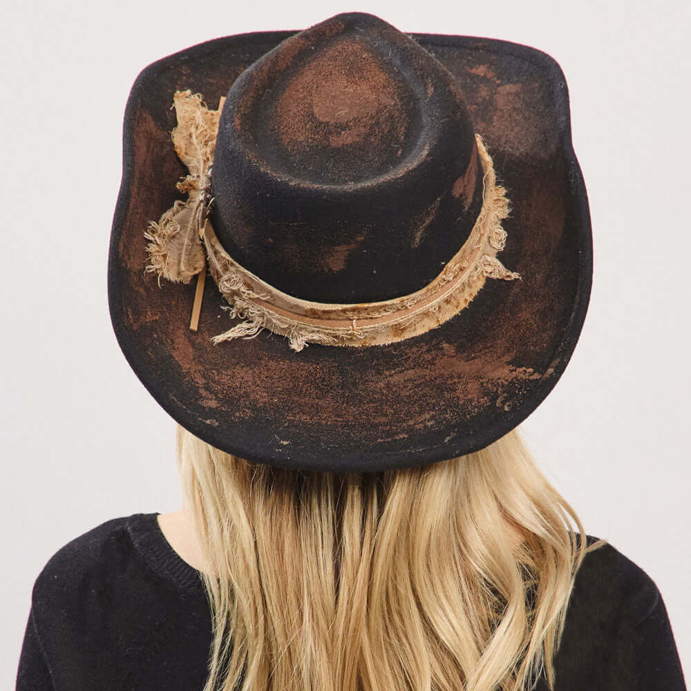 Vintage Feather Accent Distressed Fabric Bow Band Western Black Rustic Cowgirl Fedora Hat