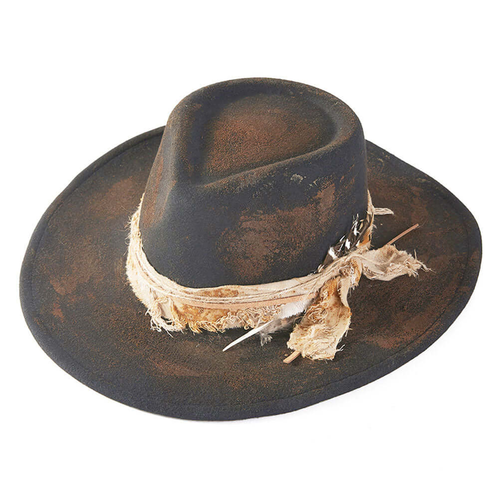 Vintage Feather Accent Distressed Fabric Bow Band Western Black Rustic Cowgirl Fedora Hat