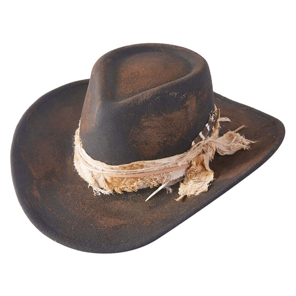 Vintage Feather Accent Distressed Fabric Bow Band Western Black Rustic Cowgirl Fedora Hat