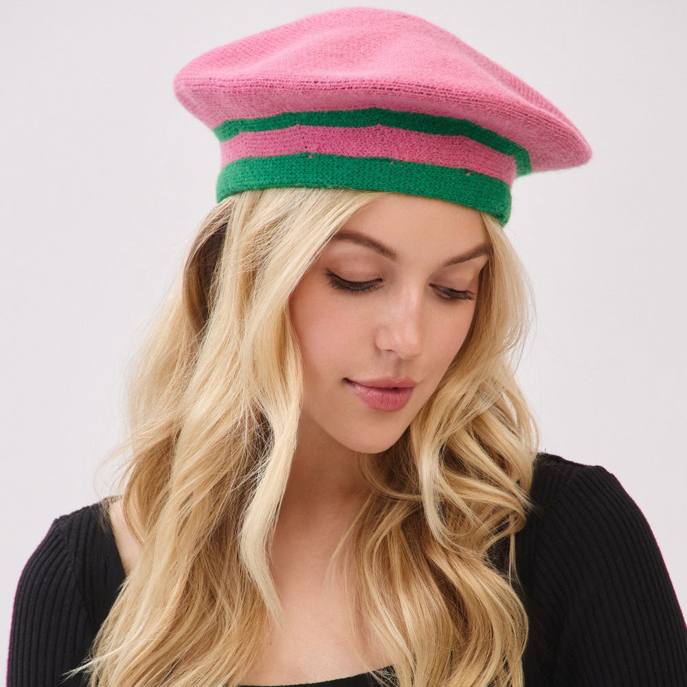 Pink & Green  Chic Retro Striped Beret Hat