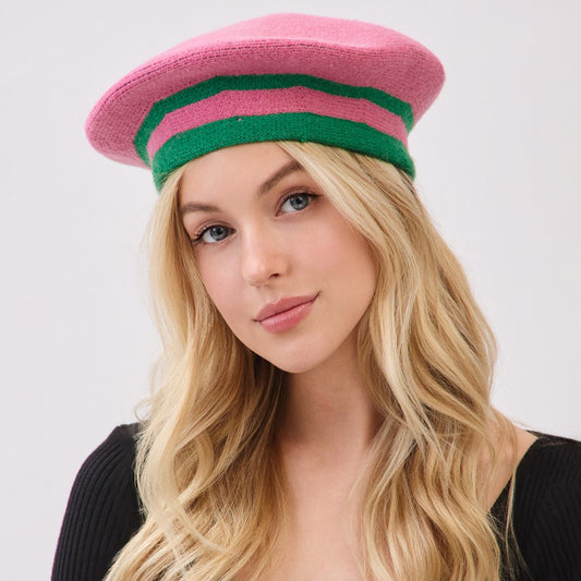 Pink & Green  Chic Retro Striped Beret Hat