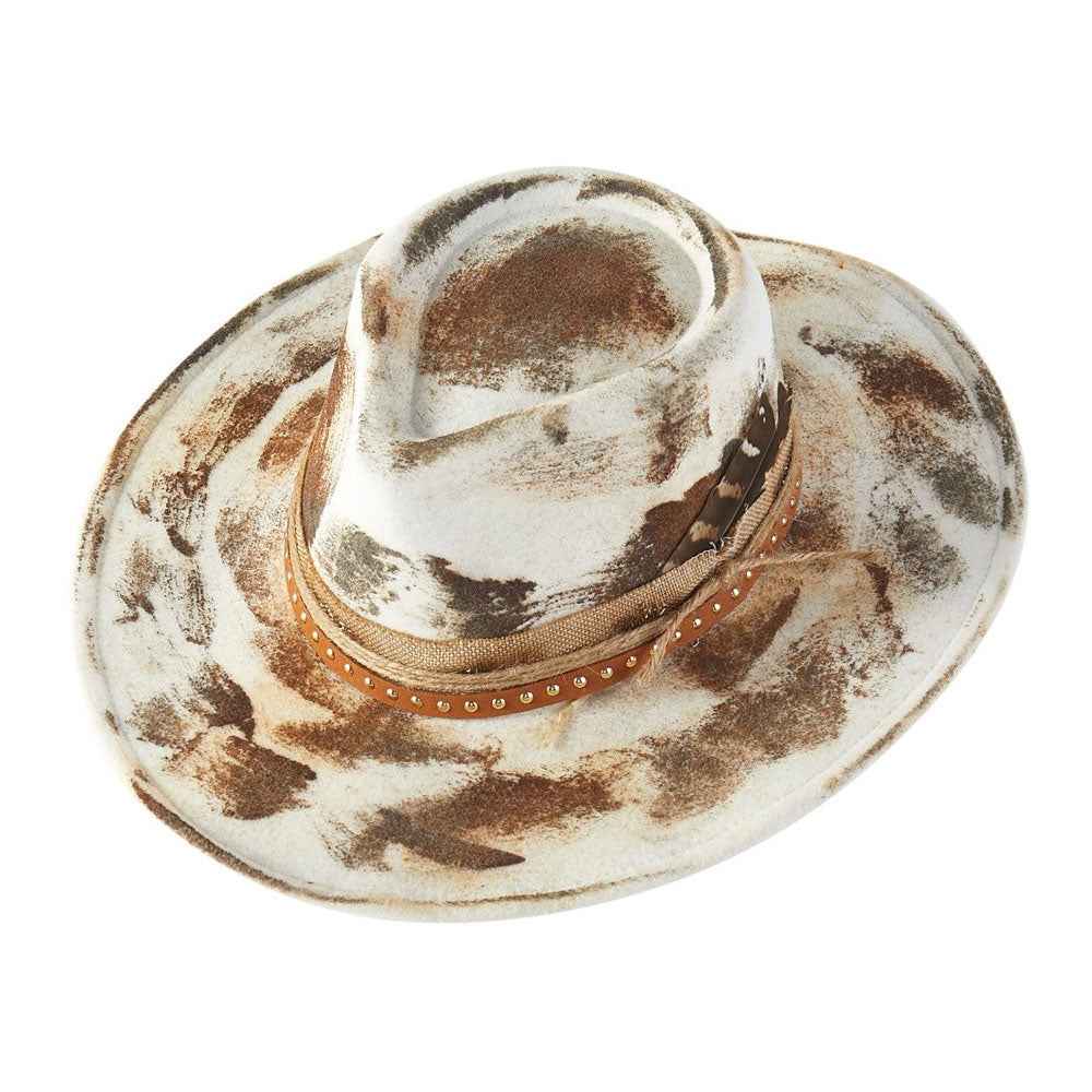 Ivory Studded Band Rustic Feather Vintage Distressed Western Cowgirl Fedora Hat