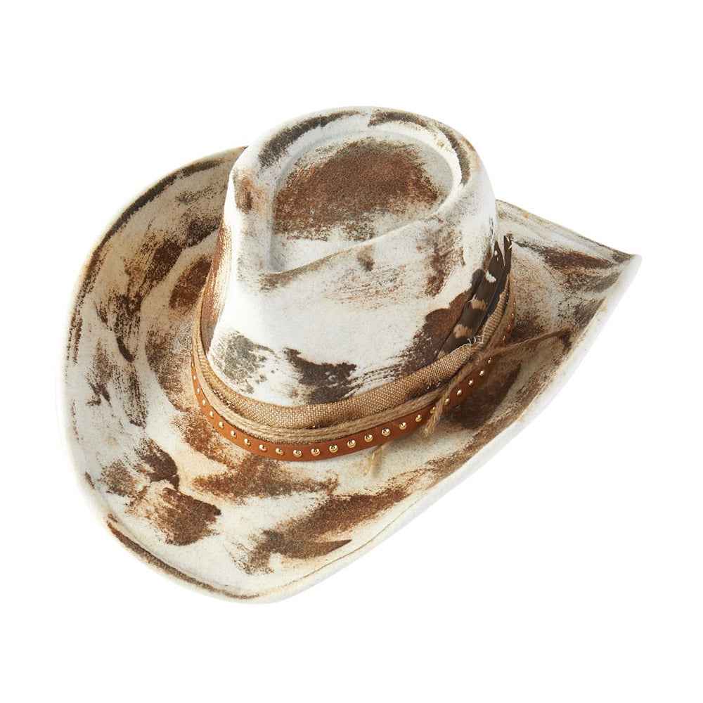 Ivory Studded Band Rustic Feather Vintage Distressed Western Cowgirl Fedora Hat