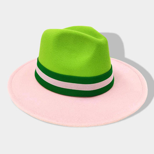 Pink and Green Color Blocked Fedora Hat-M H W ACCESSORIES - M H W ACCESSORIES LLC