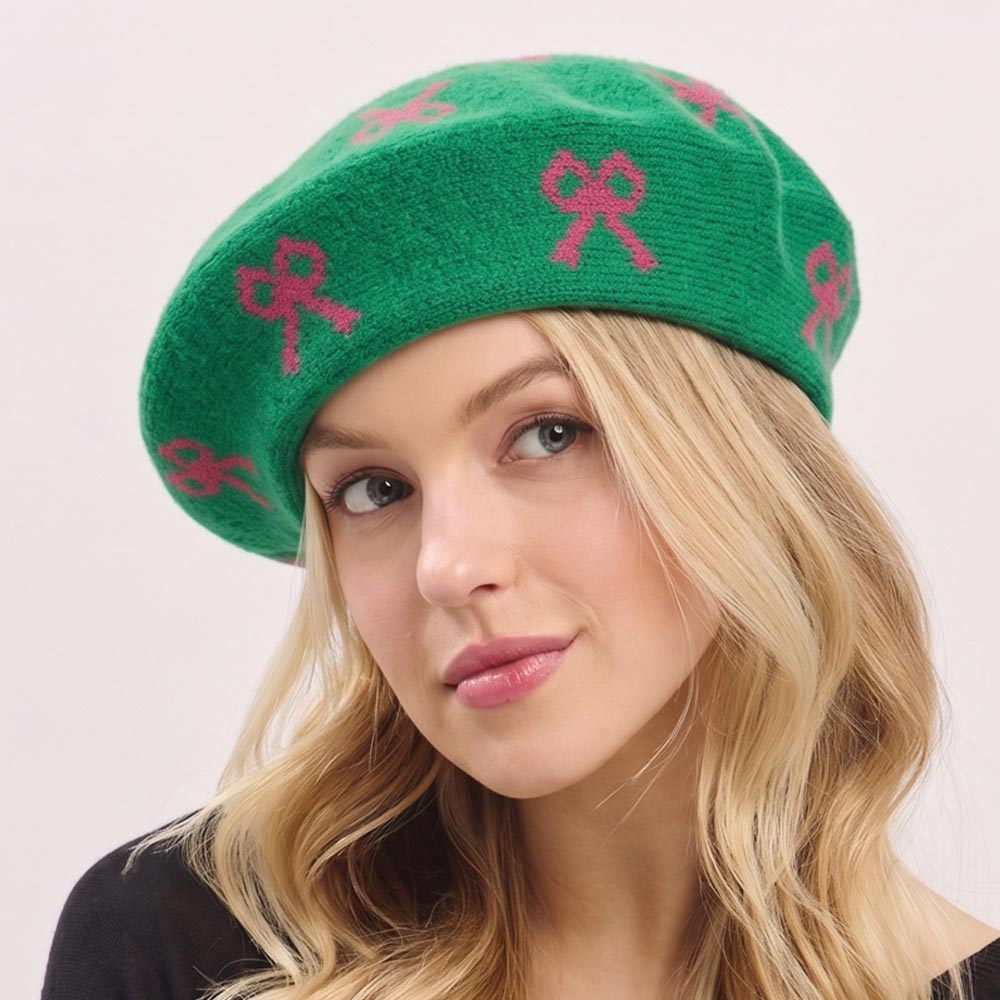 Pink & Green Bow Retro Striped Beret Hat for Women M H W ACCESSORIES LLC Pink & Green Bow Retro Striped Beret Hat for Women