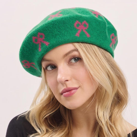 Pink & Green Bow Retro Striped Beret Hat for Women M H W ACCESSORIES LLC Pink & Green Bow Retro Striped Beret Hat for Women