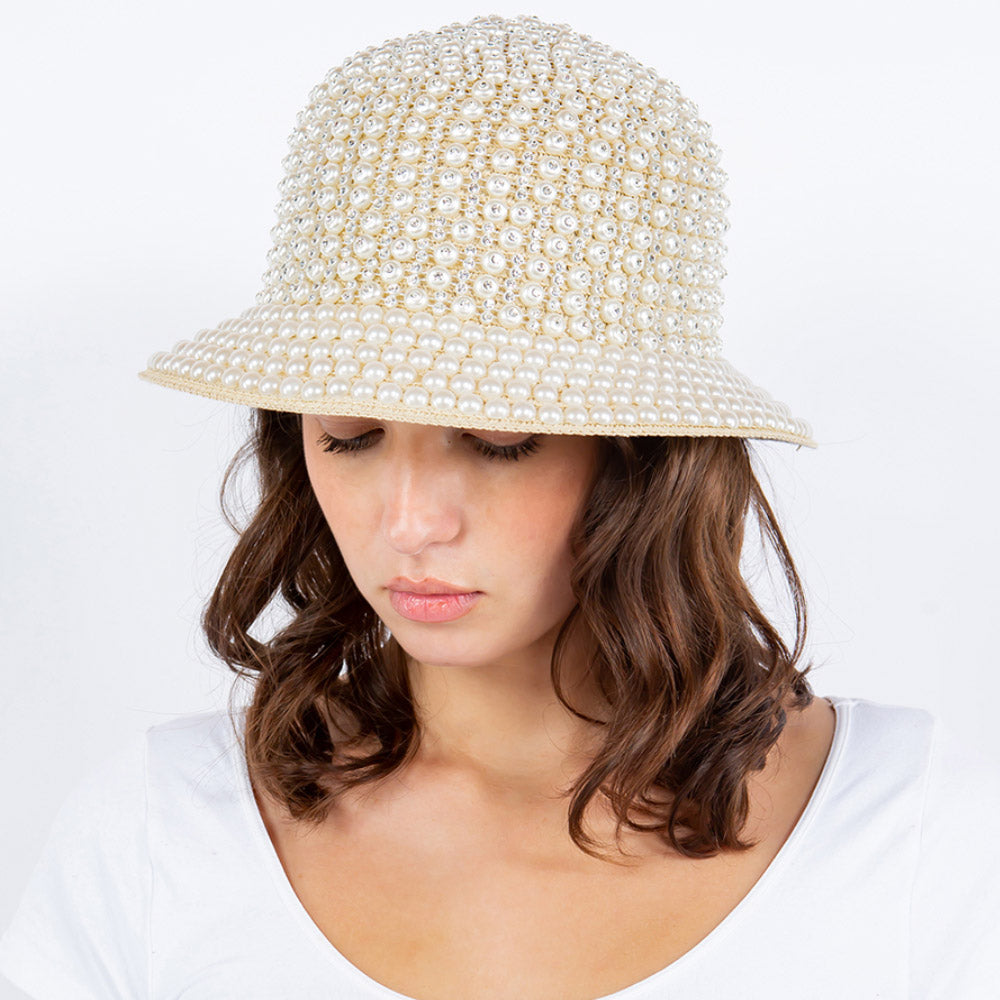Cream Pearl Rhinestone Embellished Straw Bucket Hat - M H W ACCESSORIES LLC