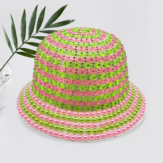 Pink and Green Pearl Rhinestone Bucket Hat - M H W ACCESSORIES LLC