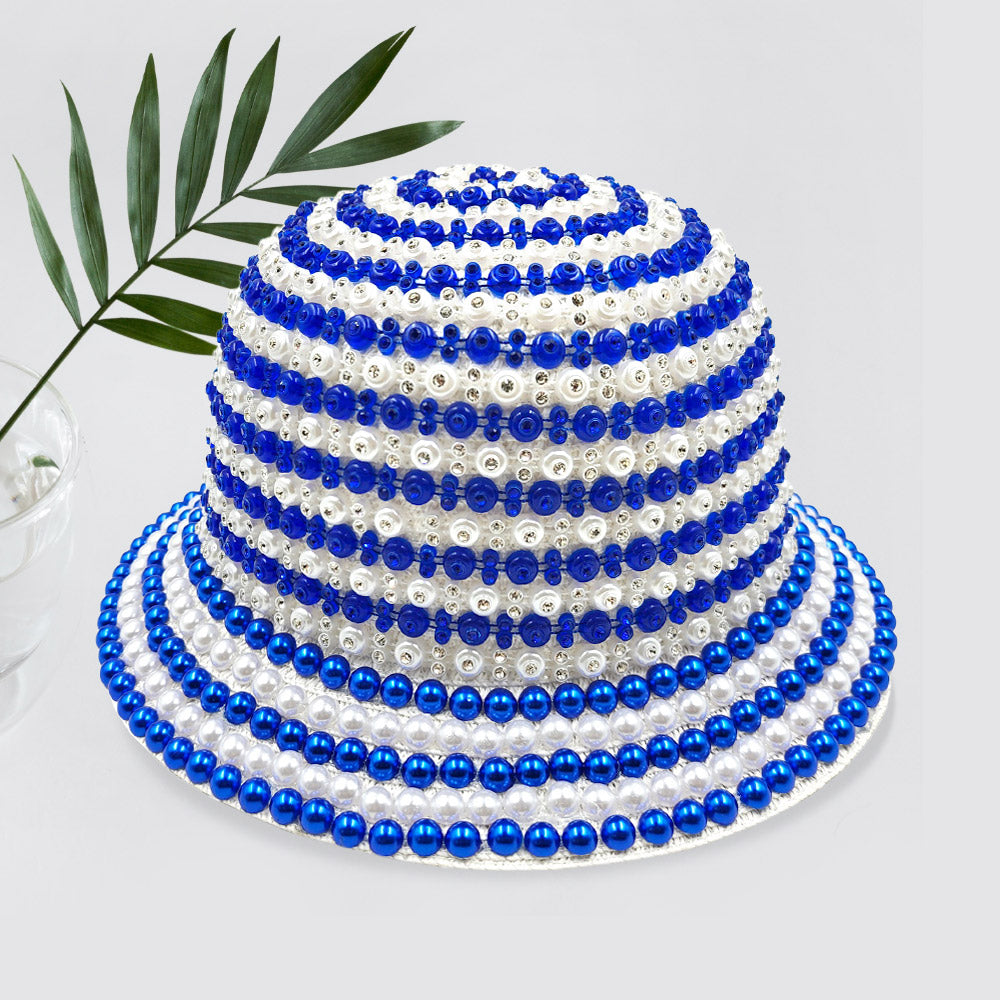 Royal Blue Pearl Rhinestone Embellished Bucket Hat - M H W ACCESSORIES LLC