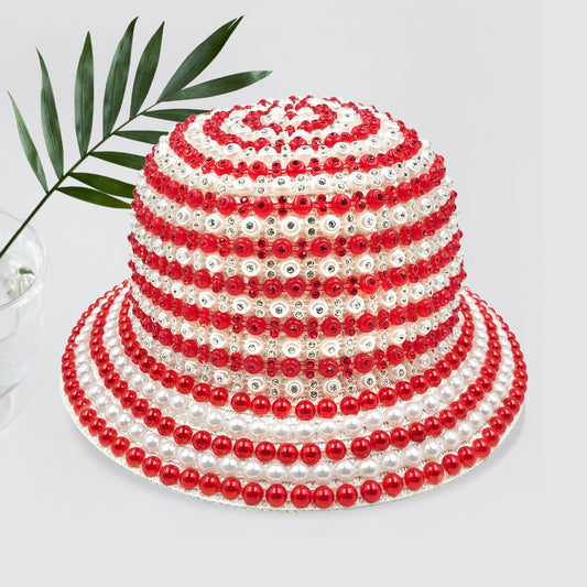 Red & White Pearl Rhinestone Embellished Bucket Hat - M H W ACCESSORIES LLC