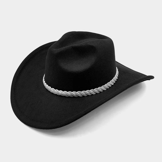 Black Stone Paved Twisted Strap Band Pointed Cowboy Fedora Hat - M H W ACCESSORIES LLC