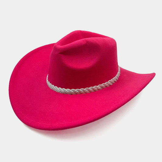 Pink Stone Paved Twisted Strap Band Pointed Cowboy Fedora Hat - M H W ACCESSORIES LLC