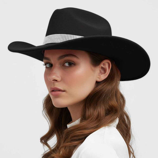 Rhinestone Studded Band Black Western Cowboy Fedora Hat