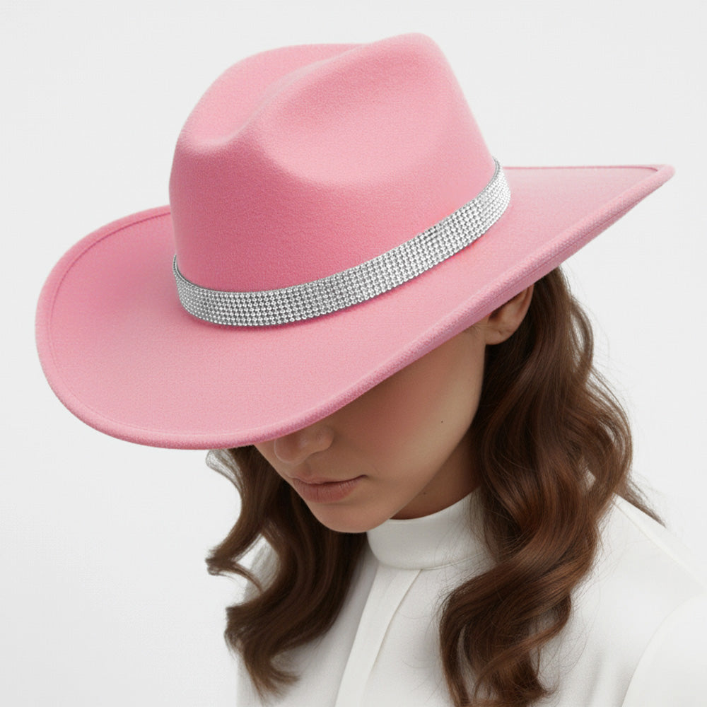 Rhinestone Studded Band Pink Western Cowboy Fedora Hat M H W ACCESSORIES LLC Rhinestone Studded Band Pink Western Cowboy Fedora Hat
