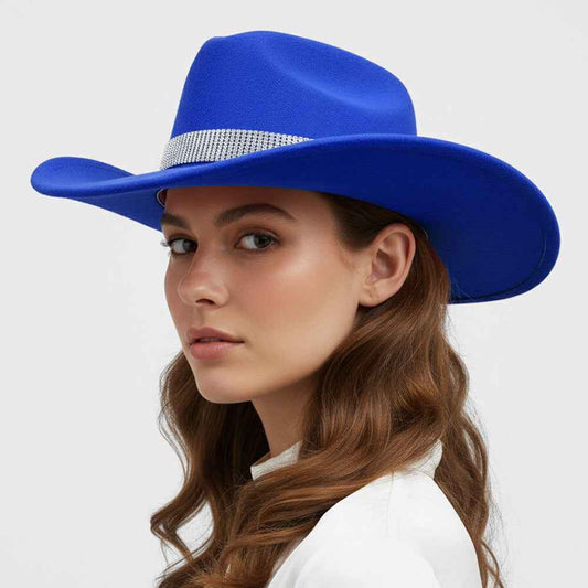 Rhinestone Studded Band Blue Western Cowboy Fedora Hat