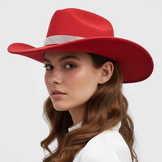 Rhinestone Studded Band Red Western Cowboy Fedora Hat