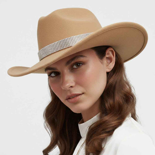 Rhinestone Studded Band Tan Western Cowboy Fedora Hat